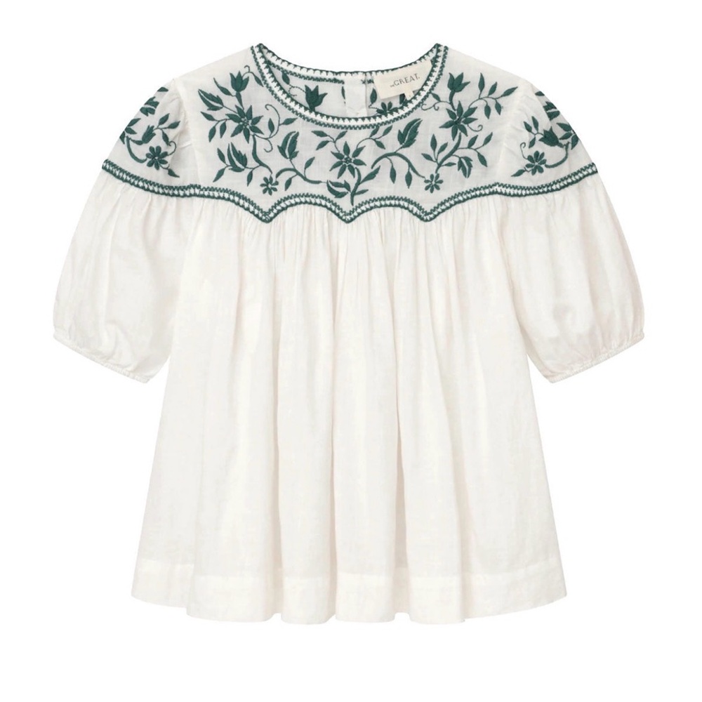 THE GREAT. Sun Prairie Blouse. White Blouse with Green Floral Embroidery